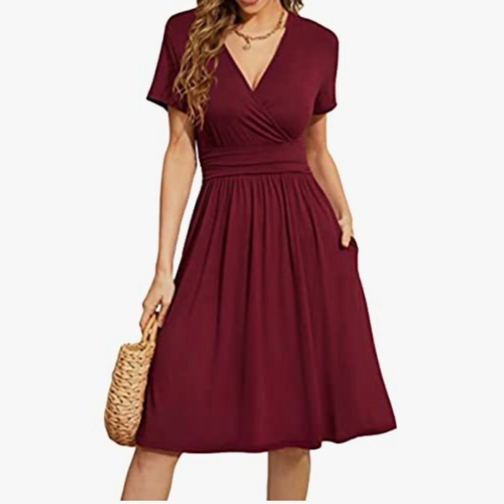 Lilbetter Woman’s Red Summer Flared A-line Swing Casual Dress W/ Pockets Size L